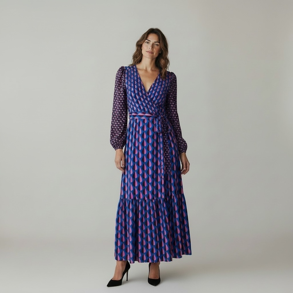 Boden Ophelia Faux Wrap Maxi Dress Multicolor Jersey Raindrop Geo Tie Waist Sz 0